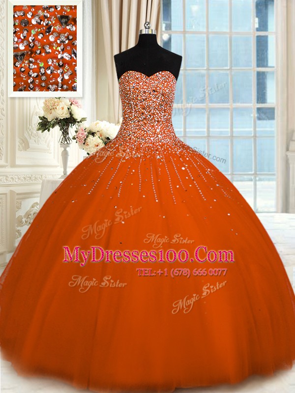 Rust Red Lace Up Quinceanera Gowns Beading Sleeveless Floor Length