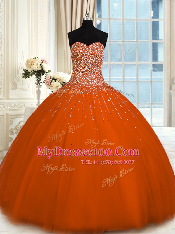 Rust Red Lace Up Quinceanera Gowns Beading Sleeveless Floor Length