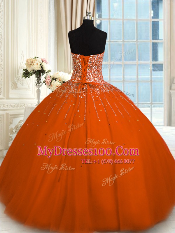 Rust Red Lace Up Quinceanera Gowns Beading Sleeveless Floor Length