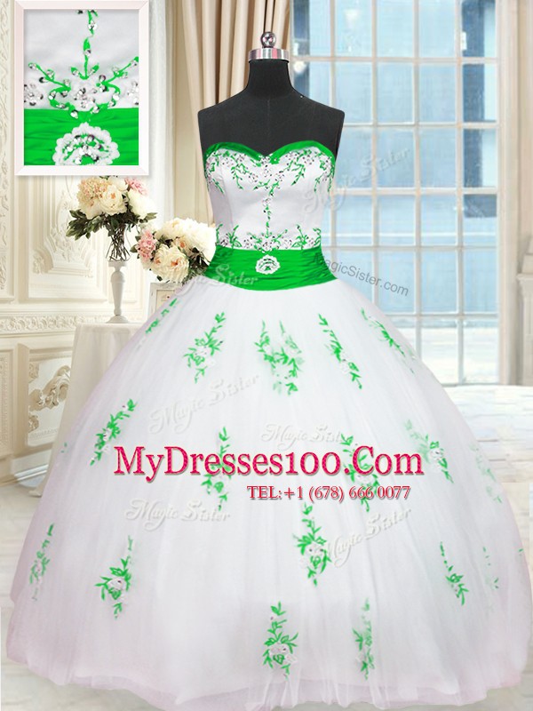 Graceful Floor Length White Ball Gown Prom Dress Tulle Sleeveless Appliques and Belt