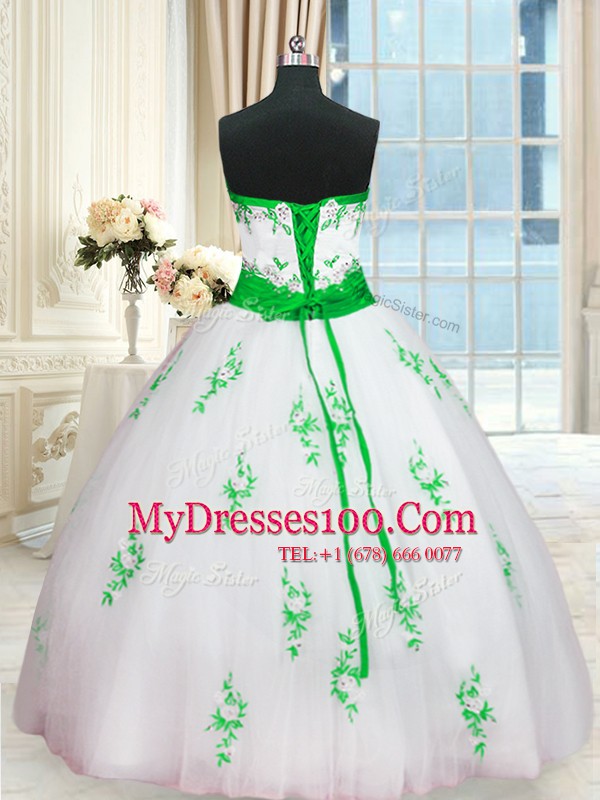 Graceful Floor Length White Ball Gown Prom Dress Tulle Sleeveless Appliques and Belt