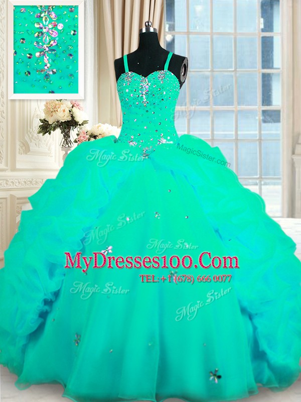 Turquoise Ball Gowns Beading and Ruffles Ball Gown Prom Dress Lace Up Organza Sleeveless With Train