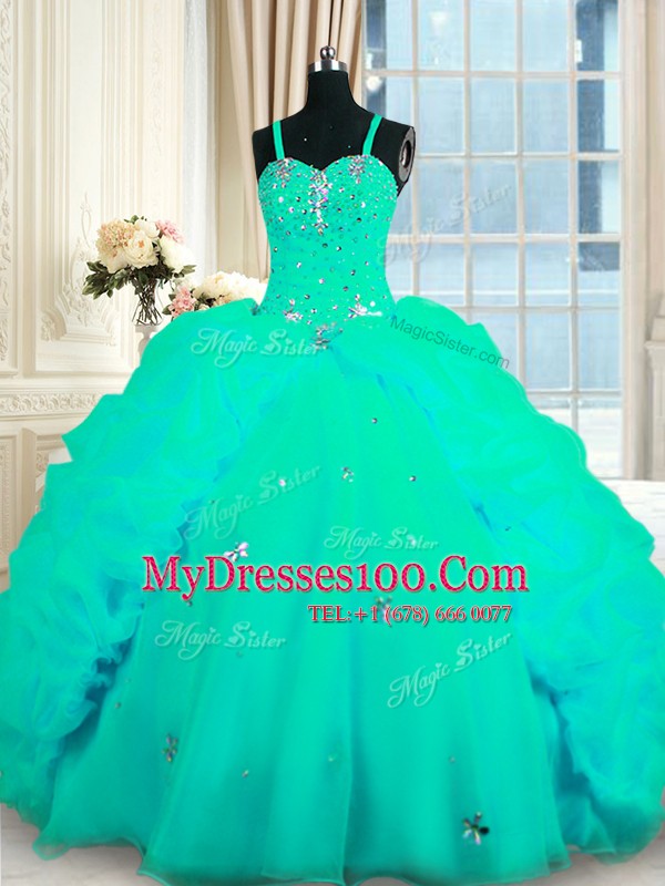Turquoise Ball Gowns Beading and Ruffles Ball Gown Prom Dress Lace Up Organza Sleeveless With Train