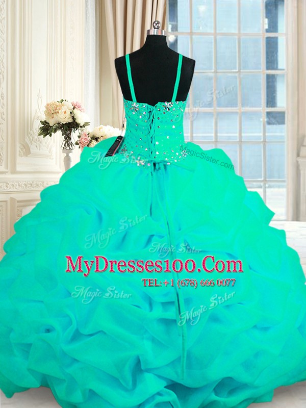 Turquoise Ball Gowns Beading and Ruffles Ball Gown Prom Dress Lace Up Organza Sleeveless With Train