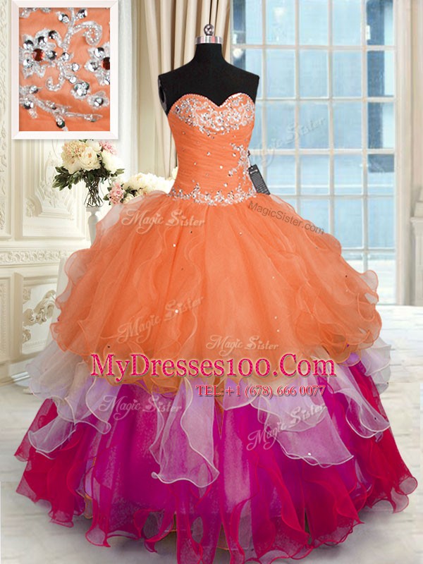 Organza Sleeveless Floor Length Quince Ball Gowns and Beading and Ruffled Layers