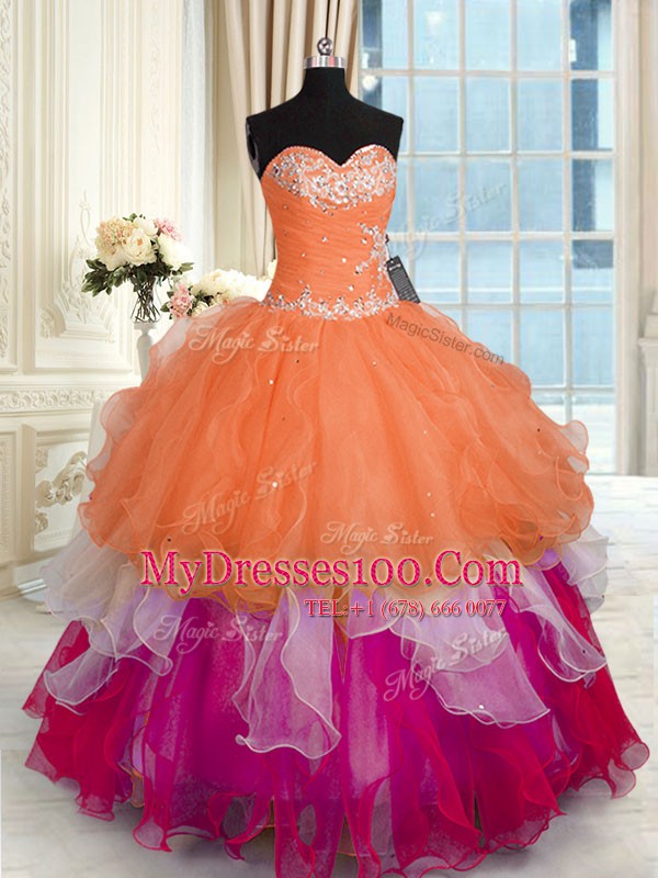 Organza Sleeveless Floor Length Quince Ball Gowns and Beading and Ruffled Layers