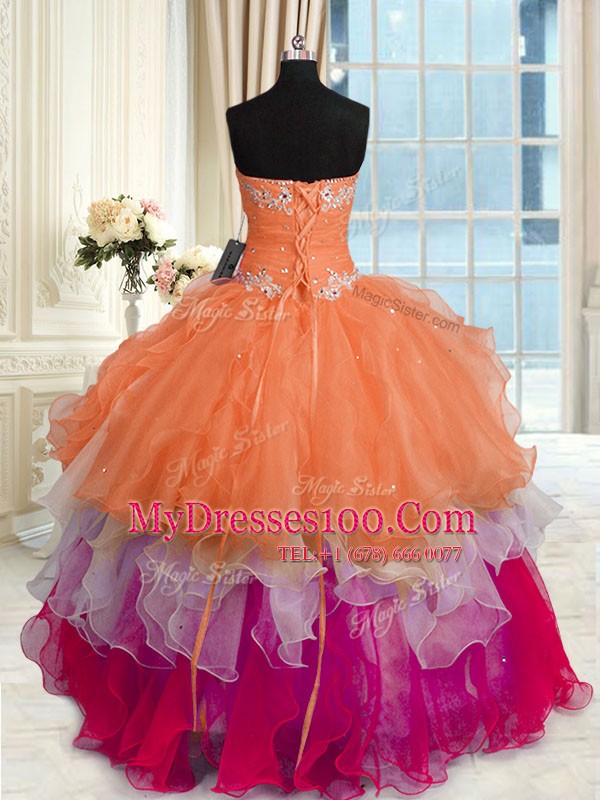 Organza Sleeveless Floor Length Quince Ball Gowns and Beading and Ruffled Layers