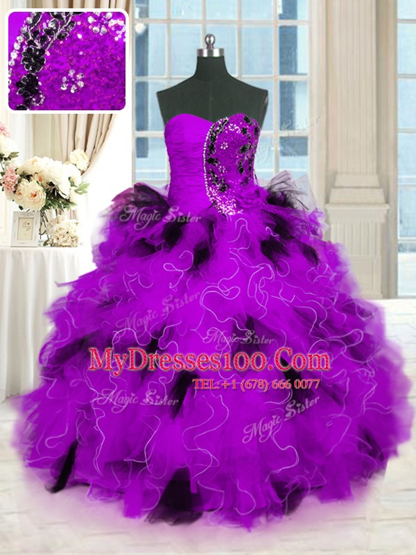 Sleeveless Floor Length Beading and Ruffles Lace Up 15 Quinceanera Dress with Multi-color