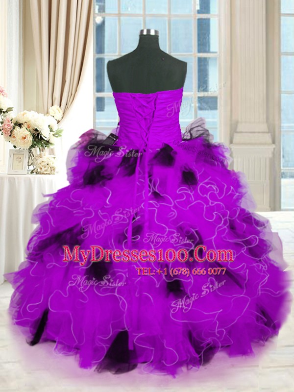 Sleeveless Floor Length Beading and Ruffles Lace Up 15 Quinceanera Dress with Multi-color