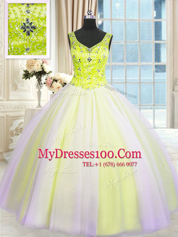 Artistic V-neck Sleeveless Quinceanera Dress Floor Length Beading and Sequins Multi-color Tulle