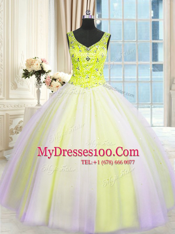 Artistic V-neck Sleeveless Quinceanera Dress Floor Length Beading and Sequins Multi-color Tulle