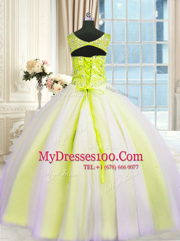 Artistic V-neck Sleeveless Quinceanera Dress Floor Length Beading and Sequins Multi-color Tulle