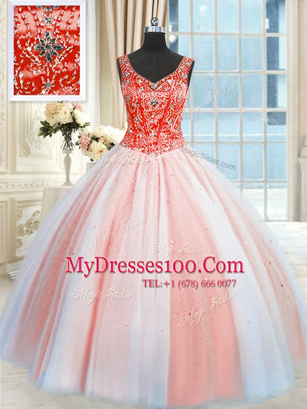 Sequins Floor Length Multi-color Quinceanera Dresses V-neck Sleeveless Lace Up