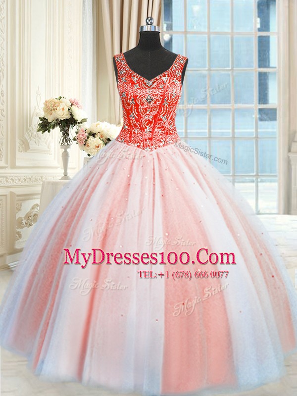 Sequins Floor Length Multi-color Quinceanera Dresses V-neck Sleeveless Lace Up