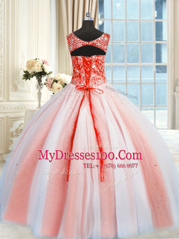 Sequins Floor Length Multi-color Quinceanera Dresses V-neck Sleeveless Lace Up