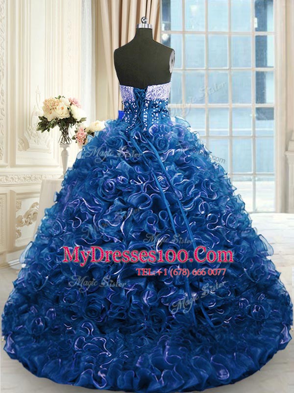 Sweetheart Sleeveless Brush Train Lace Up Sweet 16 Quinceanera Dress Navy Blue Organza