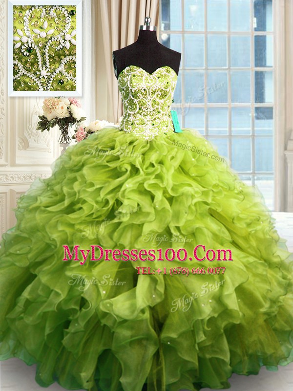 Comfortable Olive Green Sweetheart Neckline Beading and Ruffles Sweet 16 Dress Sleeveless Lace Up