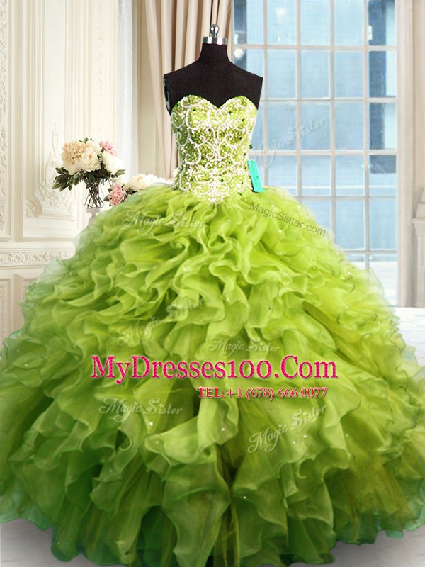 Comfortable Olive Green Sweetheart Neckline Beading and Ruffles Sweet 16 Dress Sleeveless Lace Up