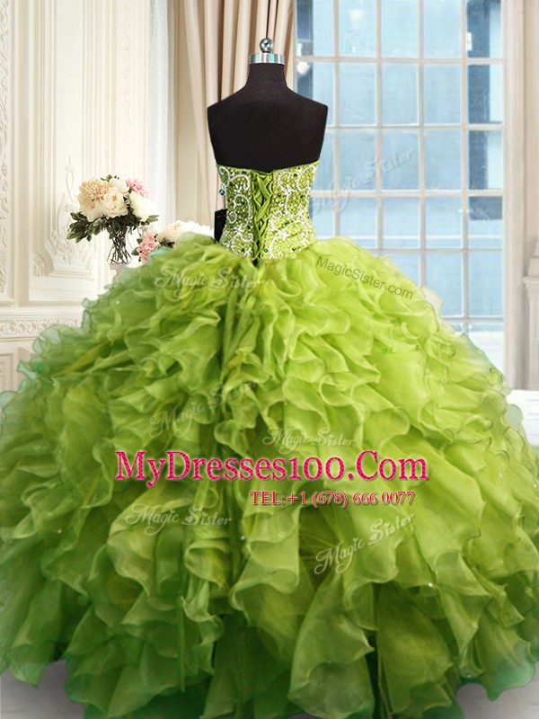 Comfortable Olive Green Sweetheart Neckline Beading and Ruffles Sweet 16 Dress Sleeveless Lace Up
