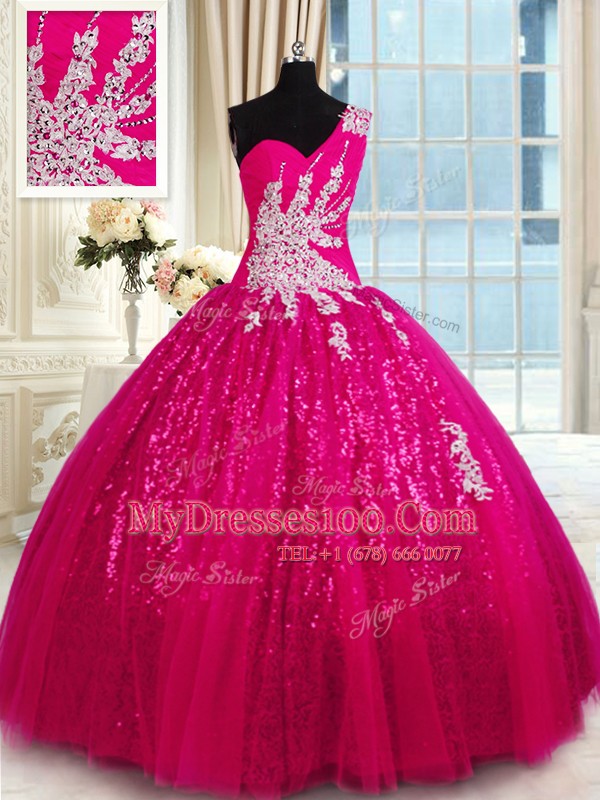 Top Selling One Shoulder Sleeveless Floor Length Appliques Lace Up Quinceanera Dress with Hot Pink