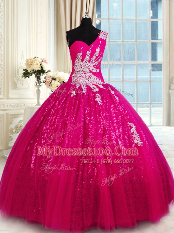 Top Selling One Shoulder Sleeveless Floor Length Appliques Lace Up Quinceanera Dress with Hot Pink