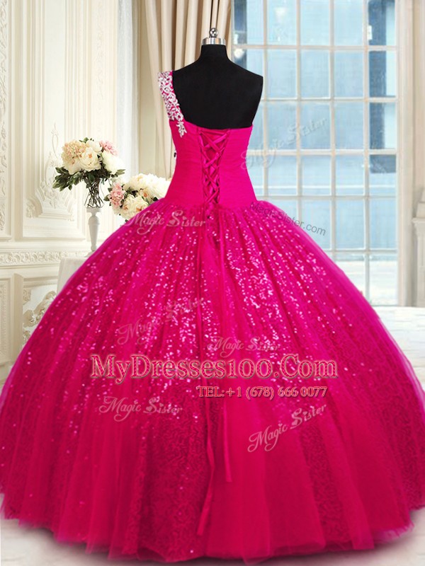 Top Selling One Shoulder Sleeveless Floor Length Appliques Lace Up Quinceanera Dress with Hot Pink