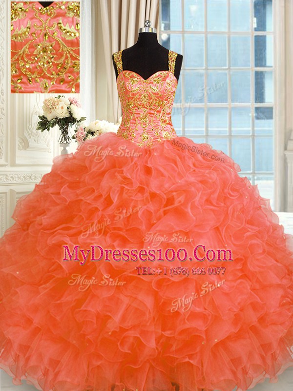Ideal Sleeveless Lace Up Floor Length Embroidery and Ruffles Quinceanera Dress