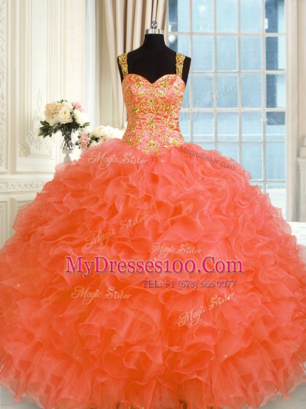 Ideal Sleeveless Lace Up Floor Length Embroidery and Ruffles Quinceanera Dress