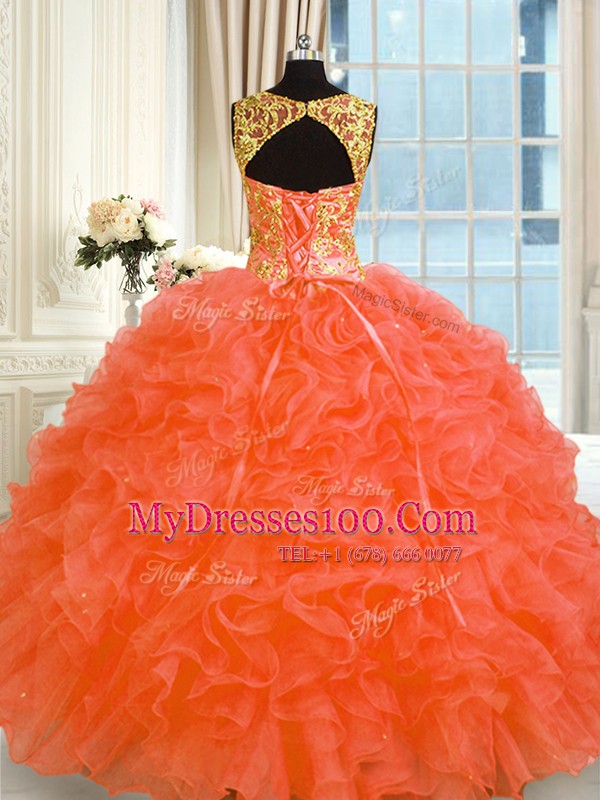 Ideal Sleeveless Lace Up Floor Length Embroidery and Ruffles Quinceanera Dress