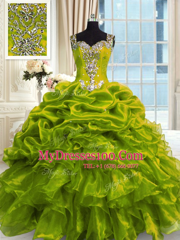 Straps Sleeveless Lace Up 15 Quinceanera Dress Olive Green Organza