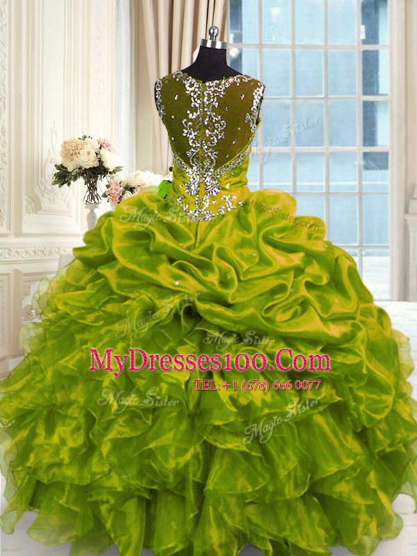 Straps Sleeveless Lace Up 15 Quinceanera Dress Olive Green Organza