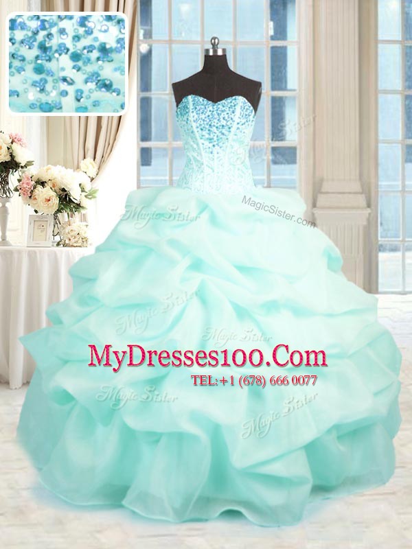 Customized Aqua Blue Organza Lace Up 15th Birthday Dress Sleeveless Floor Length Beading and Ruffles