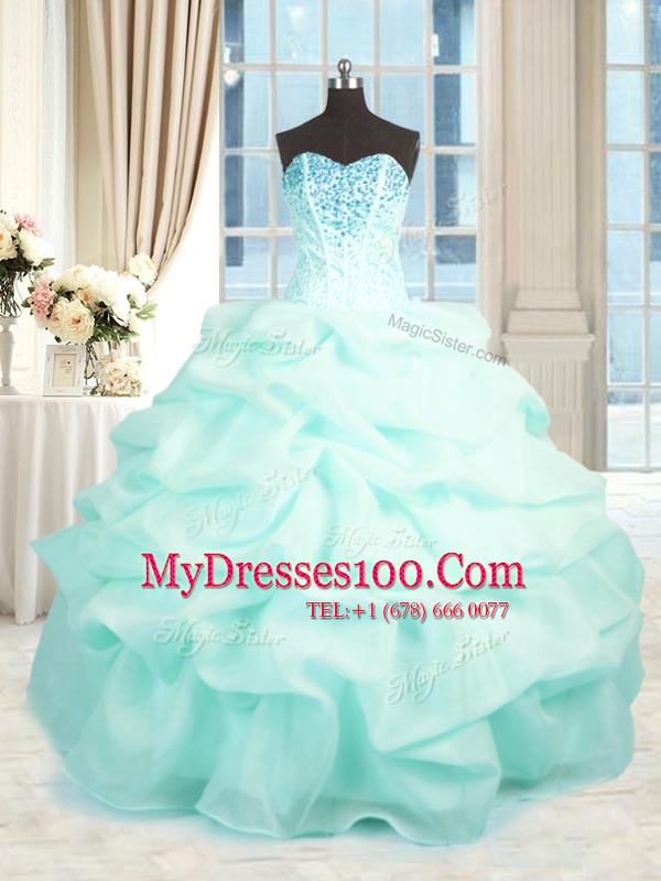 Customized Aqua Blue Organza Lace Up 15th Birthday Dress Sleeveless Floor Length Beading and Ruffles