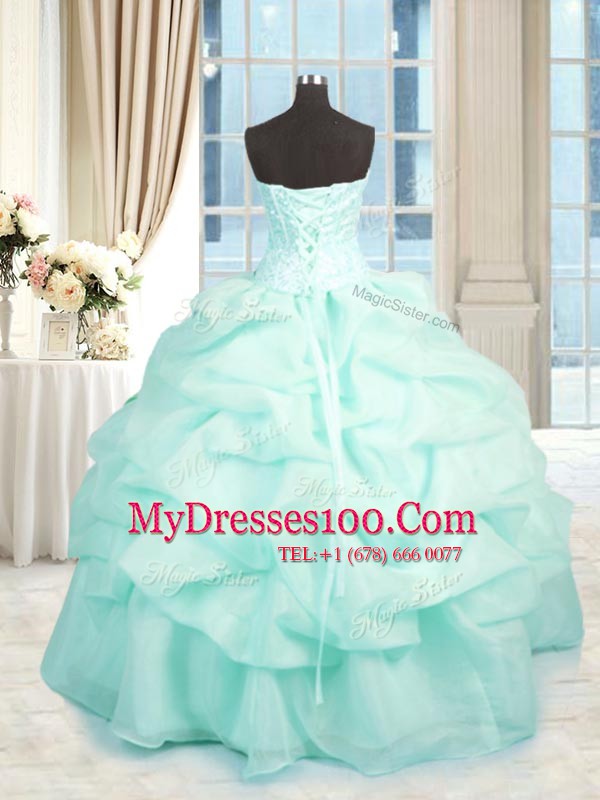Customized Aqua Blue Organza Lace Up 15th Birthday Dress Sleeveless Floor Length Beading and Ruffles