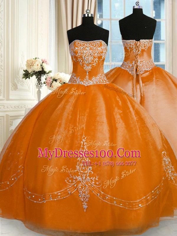 On Sale Strapless Sleeveless Lace Up Quinceanera Gown Rust Red Organza