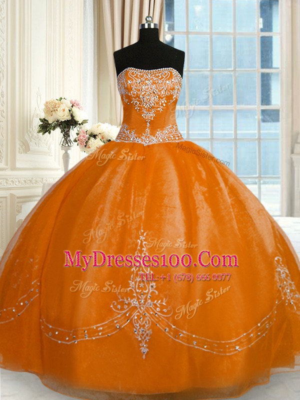 On Sale Strapless Sleeveless Lace Up Quinceanera Gown Rust Red Organza