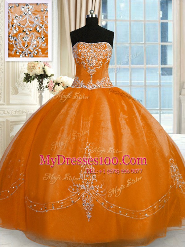On Sale Strapless Sleeveless Lace Up Quinceanera Gown Rust Red Organza