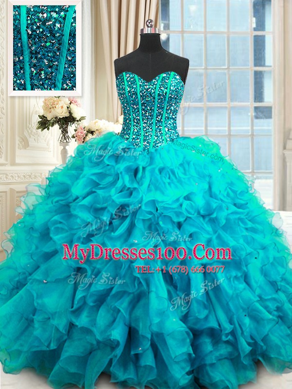 Comfortable Sleeveless Organza Floor Length Lace Up Quinceanera Dresses in Baby Blue with Beading and Ruffles and Sequins