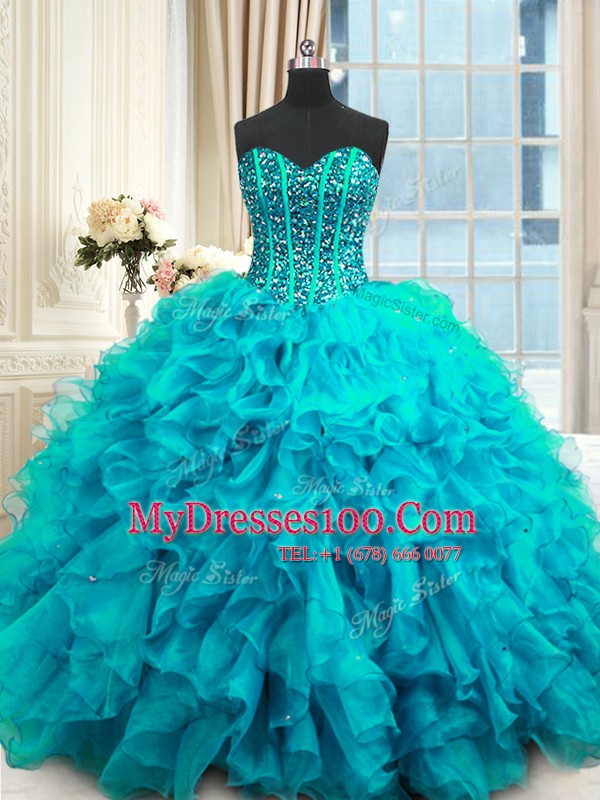 Comfortable Sleeveless Organza Floor Length Lace Up Quinceanera Dresses in Baby Blue with Beading and Ruffles and Sequins