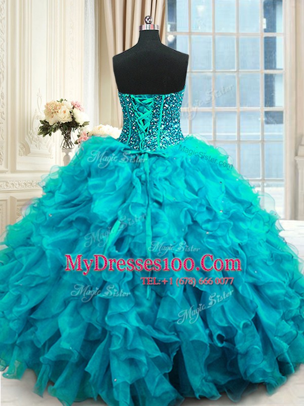 Comfortable Sleeveless Organza Floor Length Lace Up Quinceanera Dresses in Baby Blue with Beading and Ruffles and Sequins