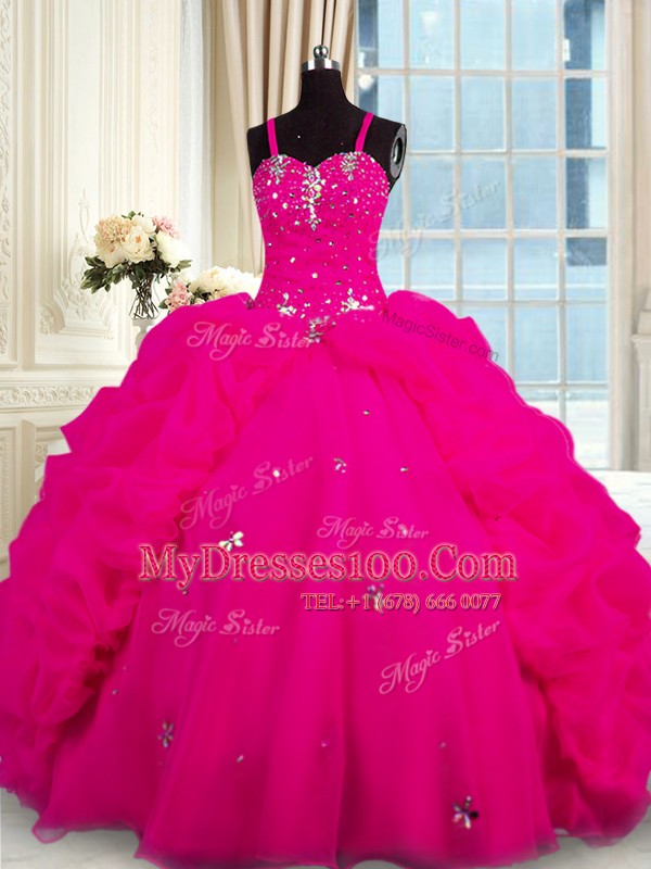 Fuchsia Lace Up Spaghetti Straps Beading Ball Gown Prom Dress Organza Sleeveless Brush Train
