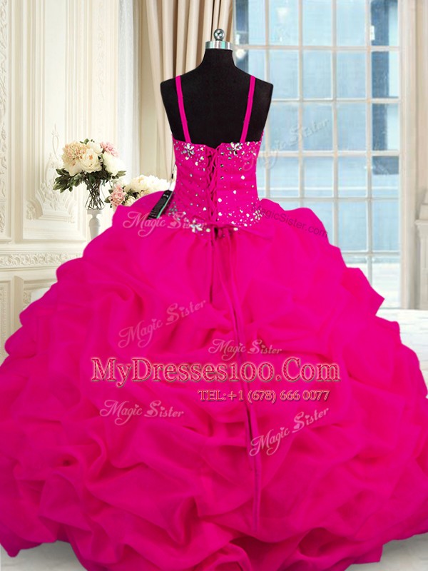 Fuchsia Lace Up Spaghetti Straps Beading Ball Gown Prom Dress Organza Sleeveless Brush Train