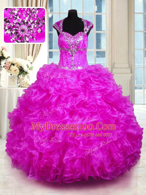 Fuchsia Ball Gowns Beading and Ruffles Sweet 16 Dress Lace Up Organza Cap Sleeves Floor Length