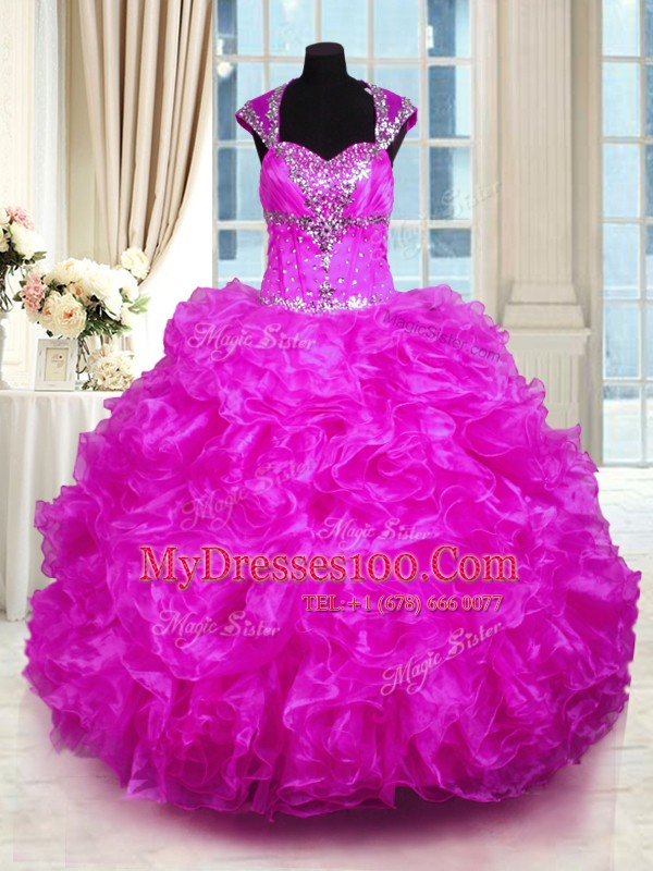 Fuchsia Ball Gowns Beading and Ruffles Sweet 16 Dress Lace Up Organza Cap Sleeves Floor Length
