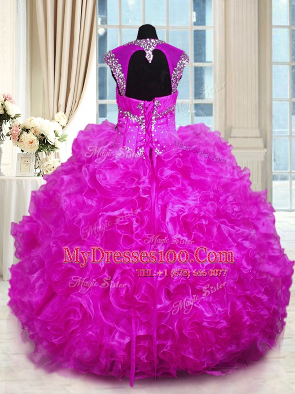 Fuchsia Ball Gowns Beading and Ruffles Sweet 16 Dress Lace Up Organza Cap Sleeves Floor Length