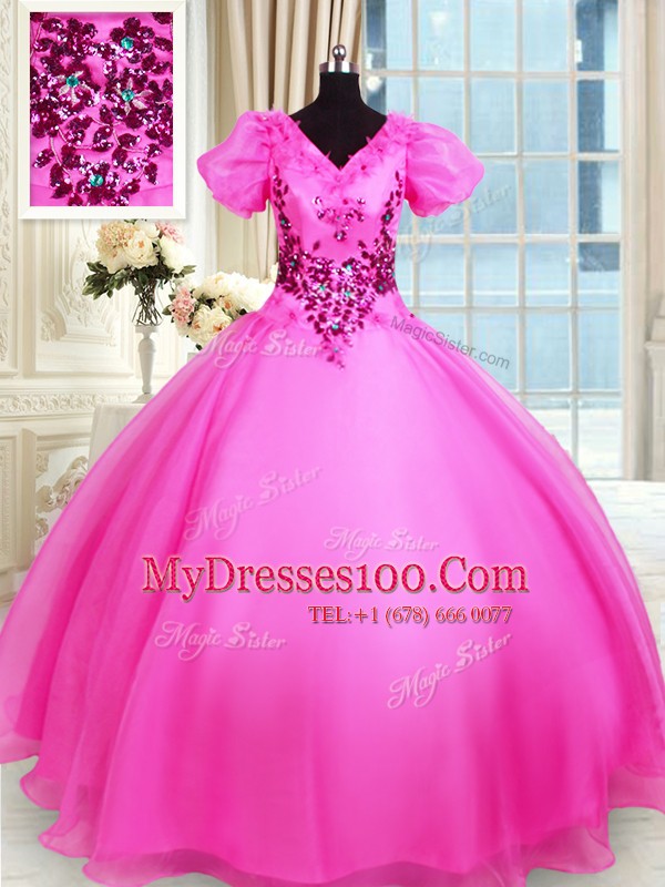 Modern Floor Length Lace Up Quince Ball Gowns Hot Pink for Military Ball and Sweet 16 and Quinceanera with Appliques