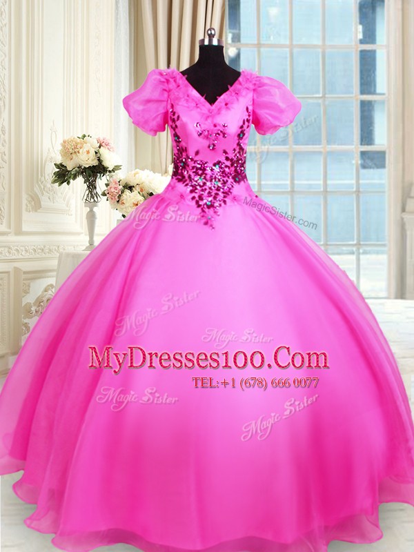 Modern Floor Length Lace Up Quince Ball Gowns Hot Pink for Military Ball and Sweet 16 and Quinceanera with Appliques