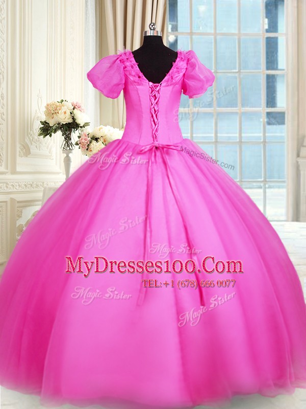 Modern Floor Length Lace Up Quince Ball Gowns Hot Pink for Military Ball and Sweet 16 and Quinceanera with Appliques