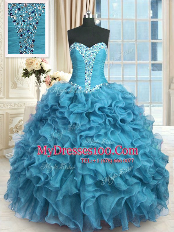 On Sale Beading and Ruffles 15th Birthday Dress Baby Blue Lace Up Sleeveless Floor Length