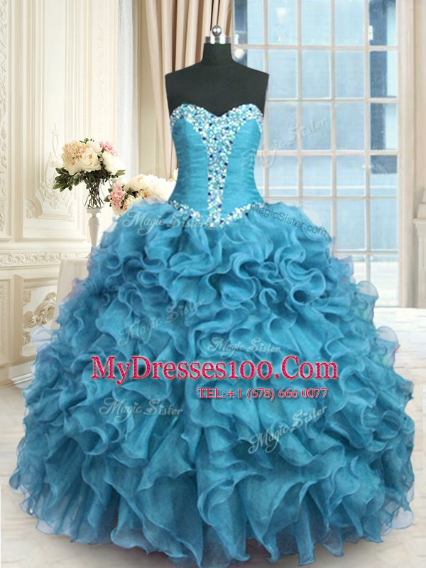 On Sale Beading and Ruffles 15th Birthday Dress Baby Blue Lace Up Sleeveless Floor Length